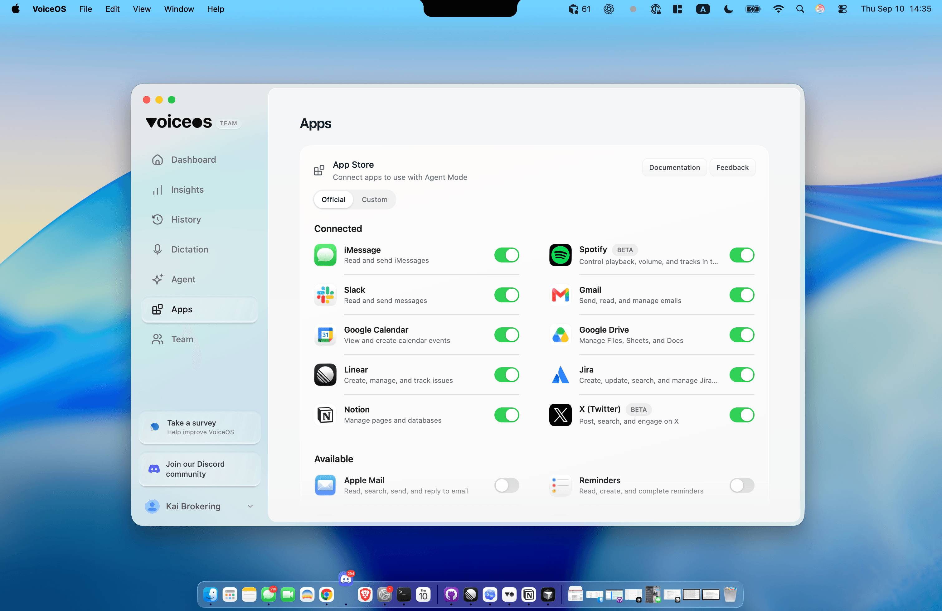 VoiceOS Apps settings on Mac showing connections for Gmail, Slack, Google Calendar, Google Drive, Linear, and Notion.