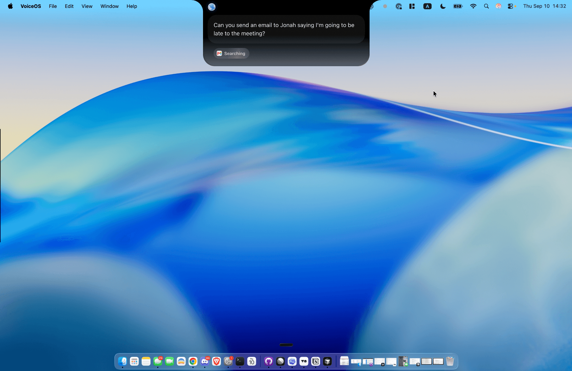 VoiceOS on Mac displaying a spoken request to email Jonah about being late to a meeting, with Gmail searching.