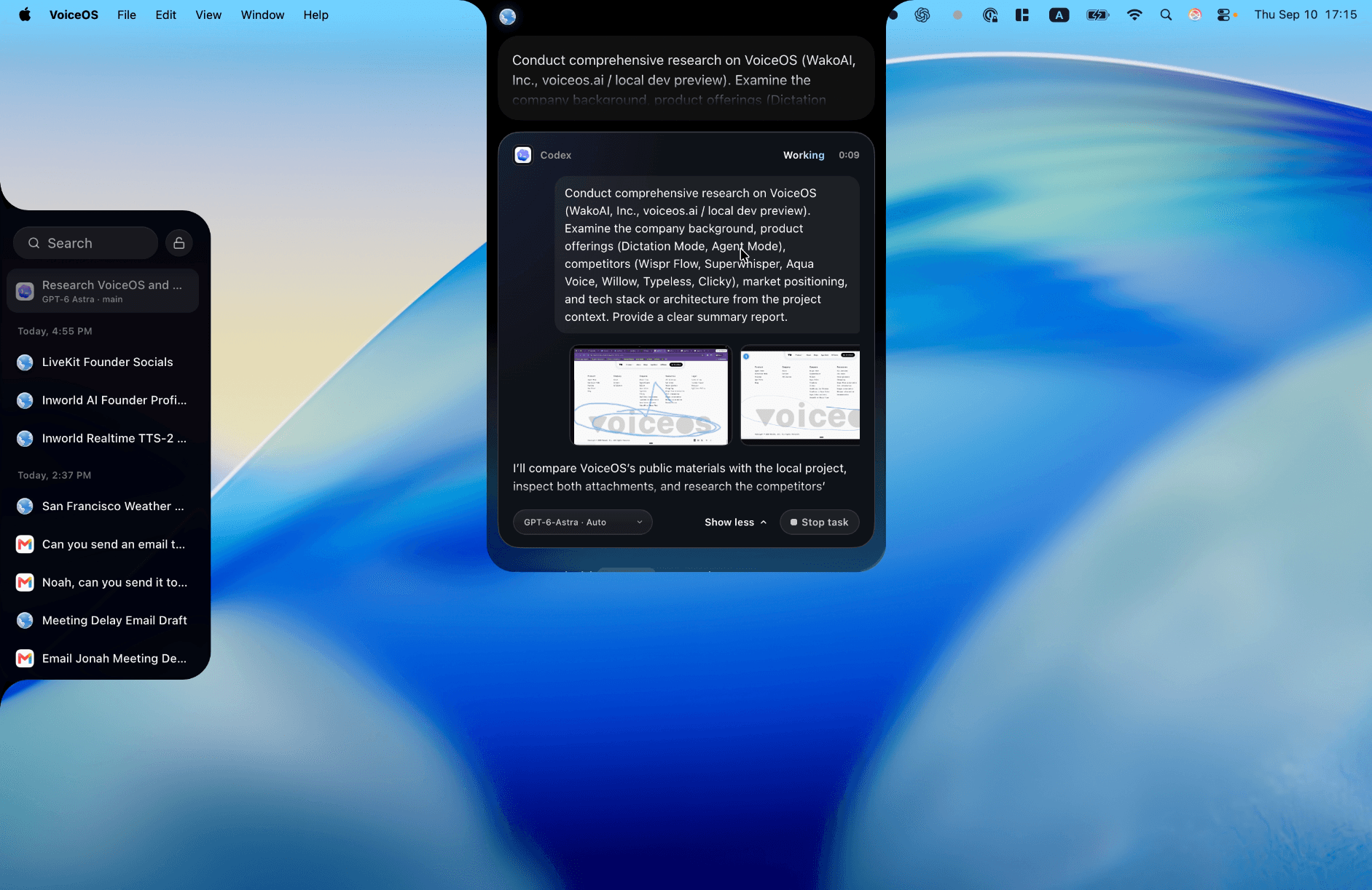 VoiceOS displaying a Codex research task with a detailed brief, two attached reference images, and Working status.